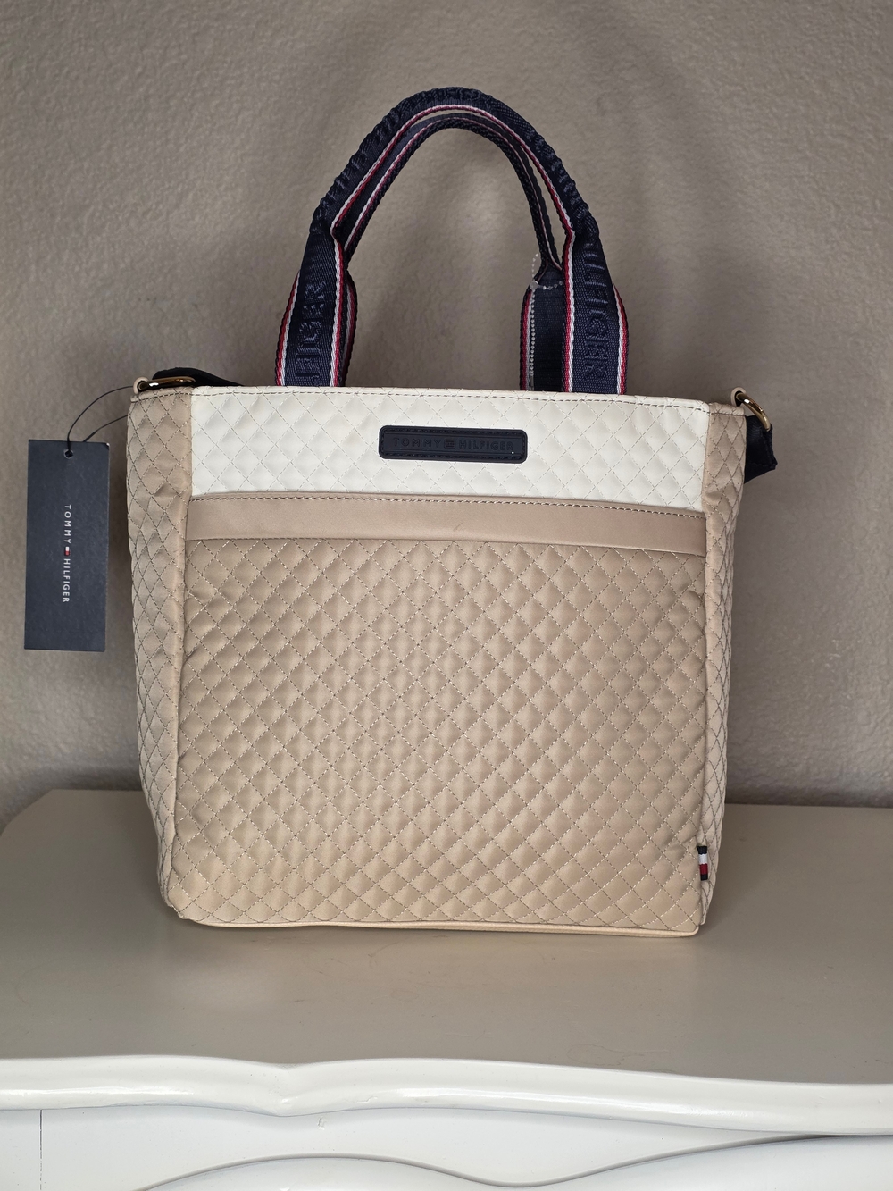 Tommy Hilfiger Beige & White Quilted Tote Bag